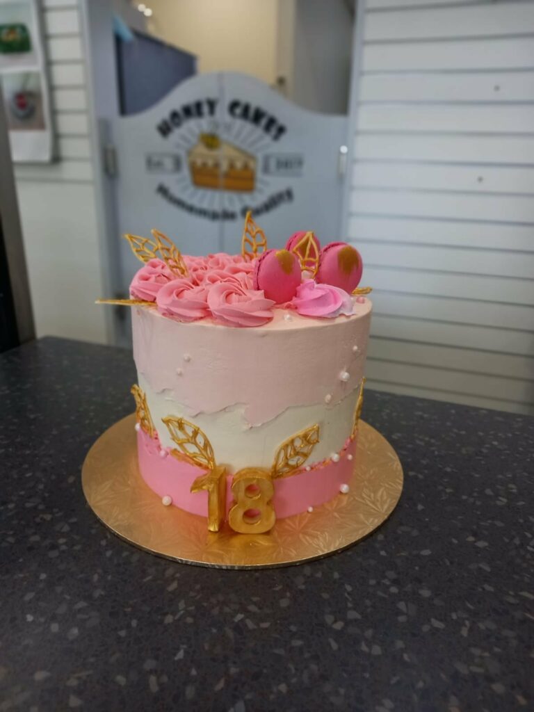 Pink Buttercream Cake with Gold Leaves